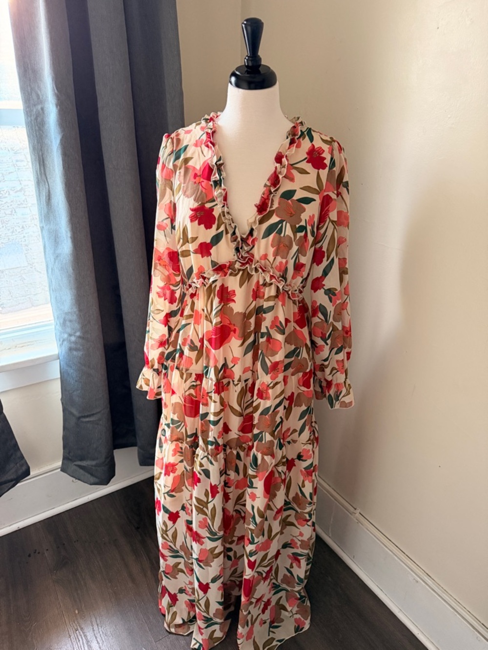 Floral Ruffle V-Neck Maxi Dress - Red Floral